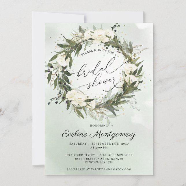 Invitation Élégante couronne d'olive verte Roses blanches (Devant)