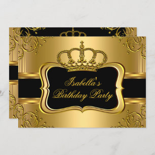 Invitation Elégante Couronne d'or noir Floral fête d'annivers