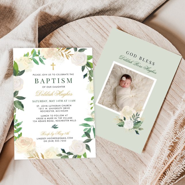 Invitation Élégante couronne florale Baptême bébé fille verte (Créateur téléchargé)