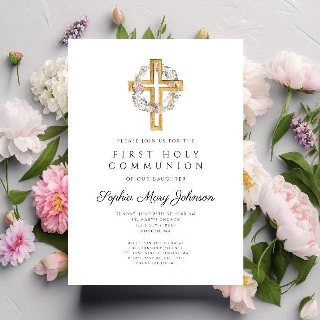 Invitation Élégante couronne florale Croix première communion (Elegant Floral Wreath Cross Girl First Communion Invitation)