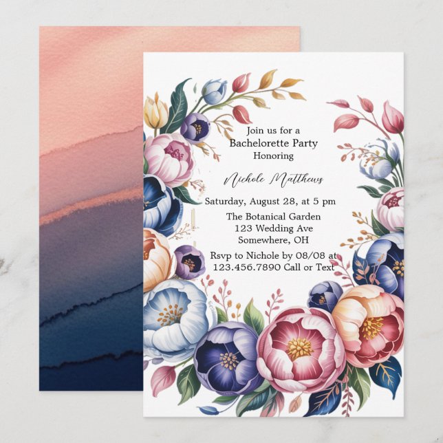 Invitation Élégante Couronne Florale Pour Bachelorette Party (Devant / Derrière)