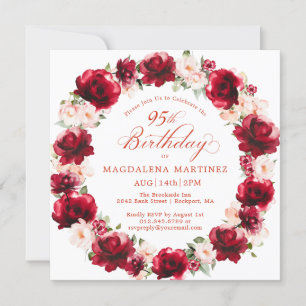 Invitation Élégante couronne florale rose rouge 95e anniversa