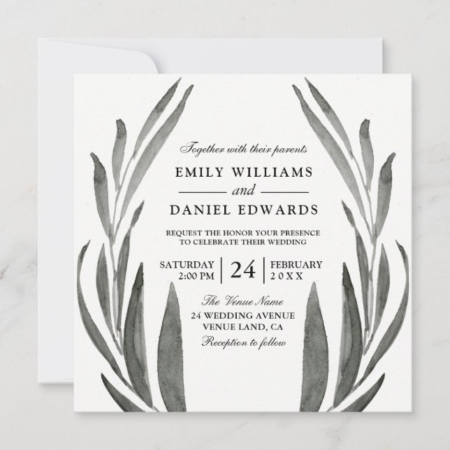 Invitation Élégante couronne Mariage noir & blanc simple feui (Devant)