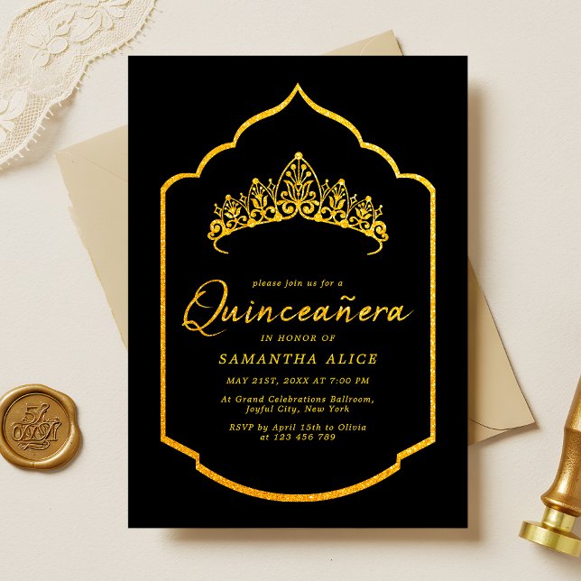 Invitation Elégante Couronne Noir et Or Quinceanera (Créateur téléchargé)