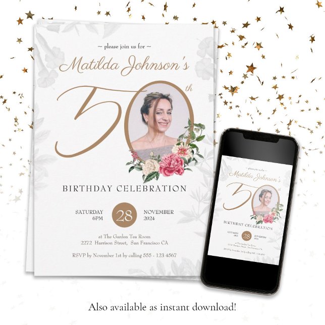 Invitation Élégante coutume botanique 50e anniversaire (Elegant Gold White 50th Birthday Botanical Custom Invitation)
