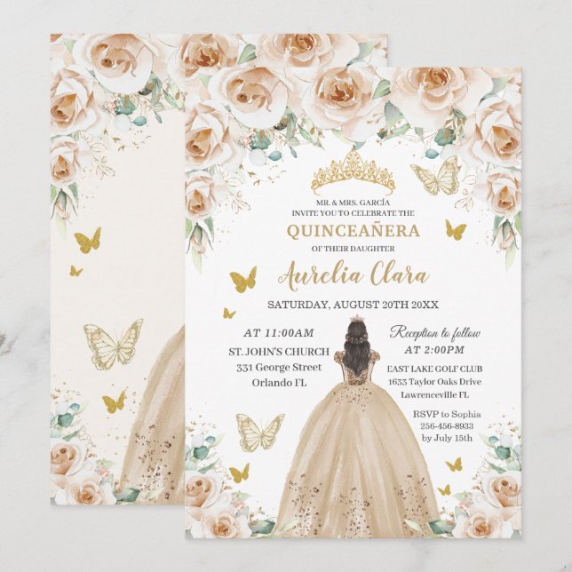 Invitation Elégante Crème Beige Florale Or Quinceañera 16e (Devant / Derrière)