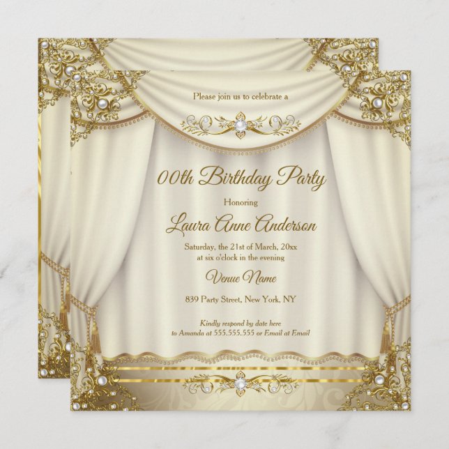 Invitation Elégante Crème Beige Or Perle Drapes Anniversaire (Devant / Derrière)
