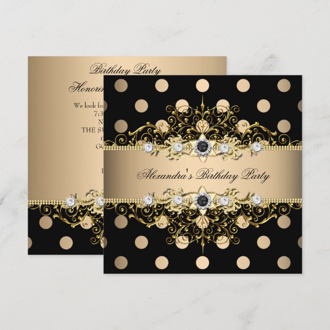 Invitation Elégante Crème Beige Or Polka Noir Anniversaire (Devant / Derrière)