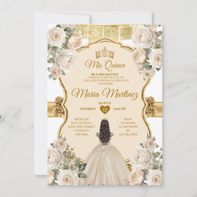 Invitation Elégante Crème Blanche Florale Princesse Quiñceane (Devant)