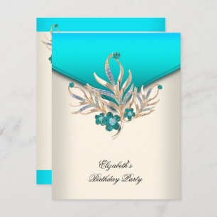 Invitation Elégante Crème Bleue Turquoise Bijou Blanc Fête d'