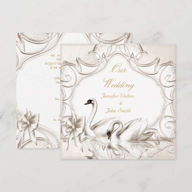 Invitation Elégante Crème de mariage Blanc Cygnes Bow (Devant / Derrière)