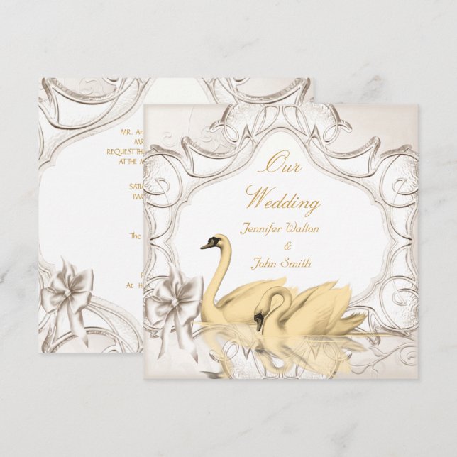 Invitation Elégante Crème de mariage Or Blanc Swans Bow Set (Devant / Derrière)