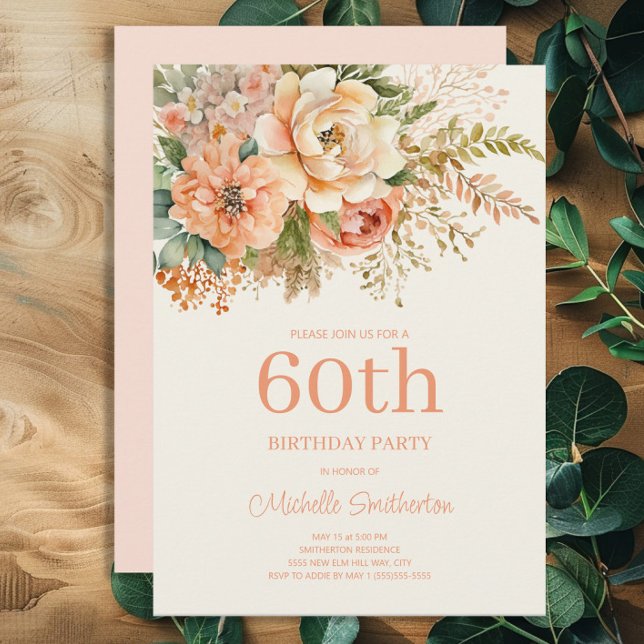Invitation Elégante Crème de Pêche Floral 60e anniversaire (Peach and cream-colored watercolor floral 60th birthday party invitation)