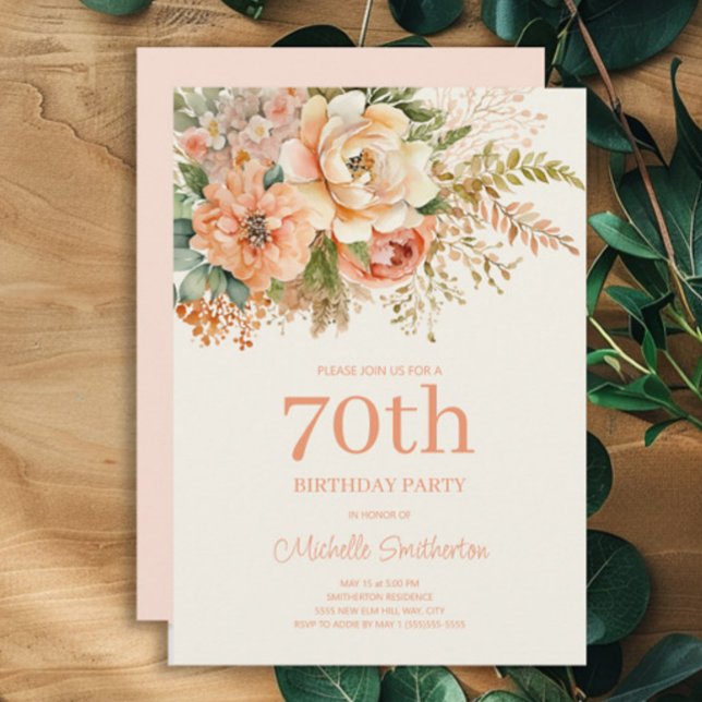 Invitation Elégante Crème de Pêche Florale 70e anniversaire (Peach and cream watercolor floral 70th birthday party invitation)