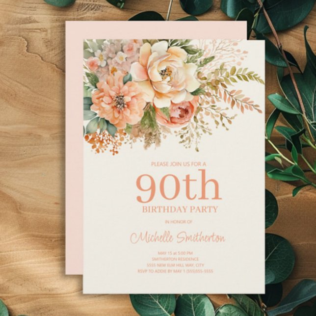 Invitation Elégante Crème de Pêche Florale 90e anniversaire (Peach and cream watercolor floral 90th birthday party invitation)
