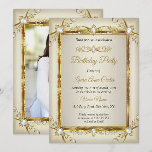 Invitation Élégante Crème de Perle d'Or Photo Fête d'Annivers