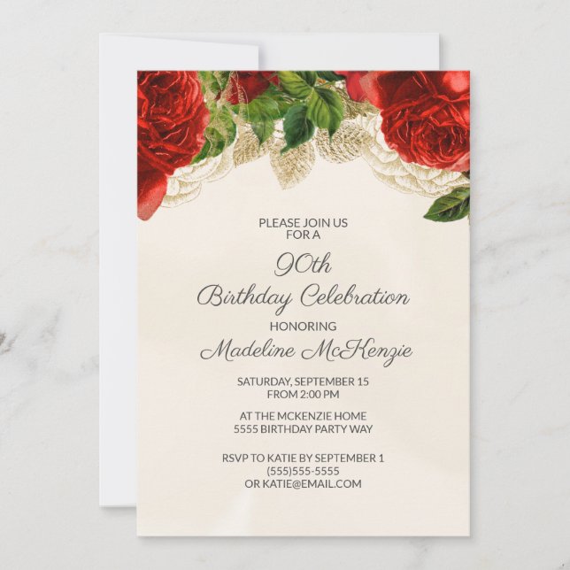 Invitation Elégante Crème de Roses Rouges 90e anniversaire In (Devant)