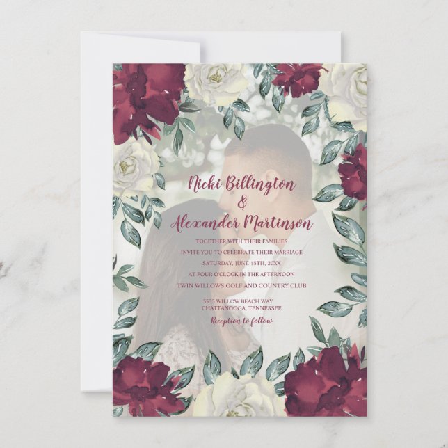 Invitation Elégante crème d'ivoire de Bourgogne Floral Mariag (Devant)