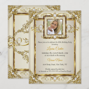 Invitation Élégante Crème d'Or Perle Damassé Photo Anniversai