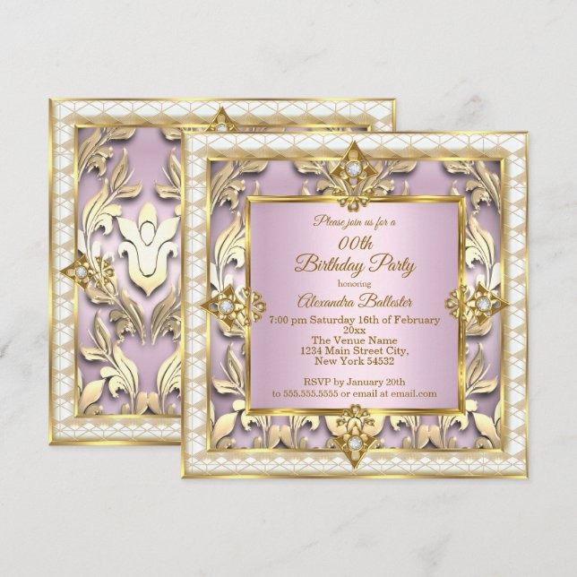 Invitation Elégante Crème d'or rose vif fête d'anniversaire (Devant / Derrière)