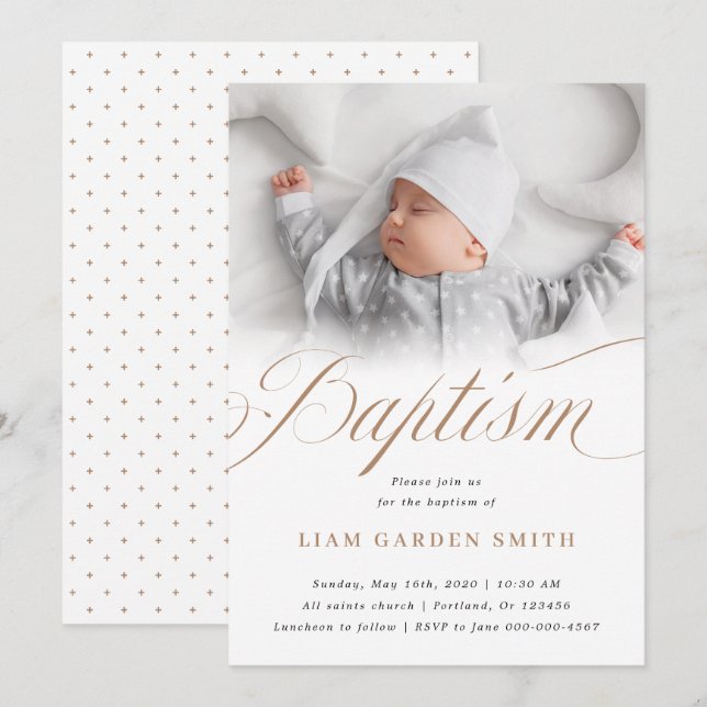 Invitation Élégante Crème Dusty Pétoncles Baptême Christening (Devant / Derrière)