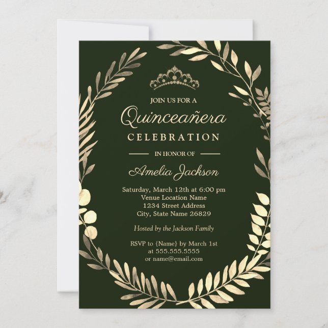 Invitation Élégante crème émeraude vert or couronne Quinceane (Devant)