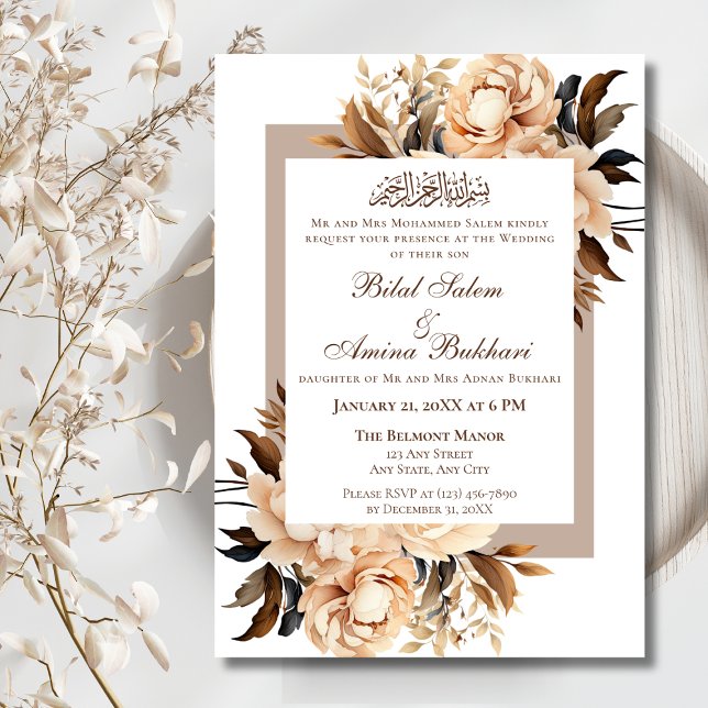 Invitation Elégante crème et Mariage islamique floral Tan (Créateur téléchargé)