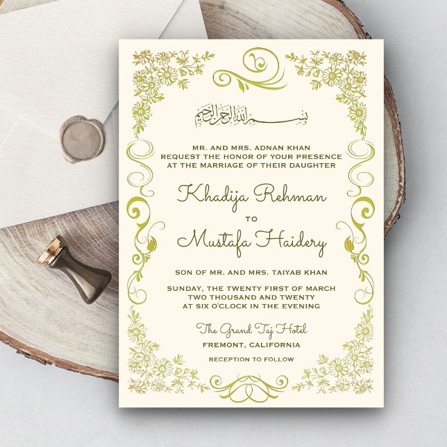 Invitation Elégante crème et Mariage musulman vert olive (Créateur téléchargé)