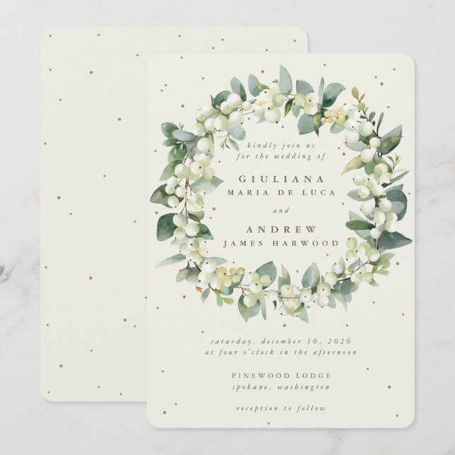 Invitation Elégante crème Snowberry+Eucalyptus Wreath Mariage (Devant / Derrière)
