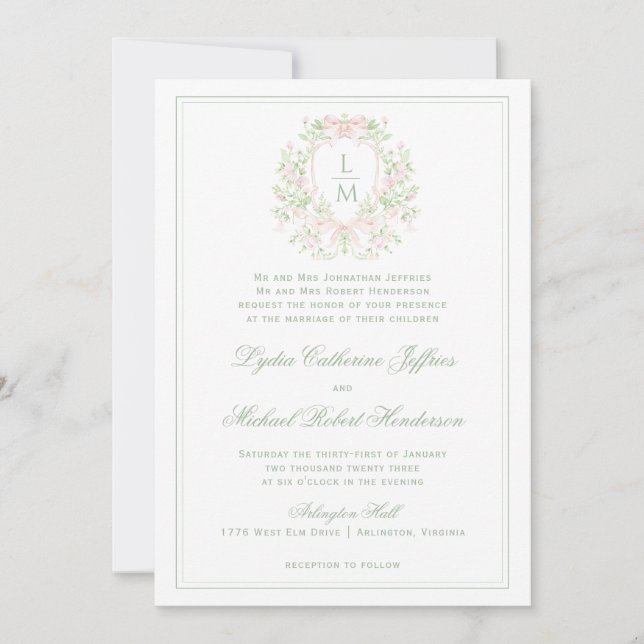 Invitation Élégante crête avec cou rose | Mariage monogramme (Devant)