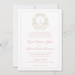 Invitation Élégante crête avec cou rose   Mariage monogramme