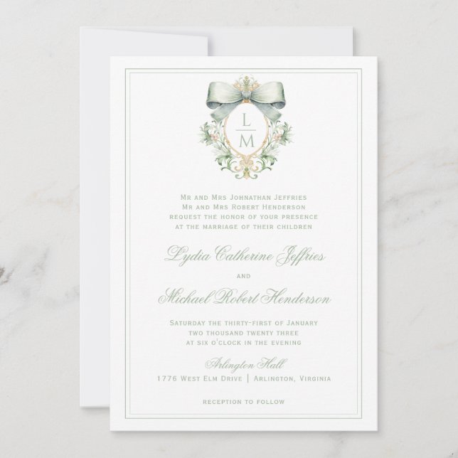 Invitation Élégante crête avec mâchoire verte Sage | Mariage  (Devant)