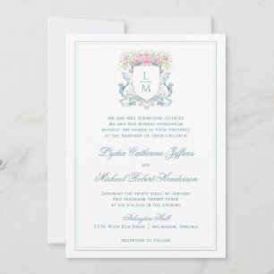 Invitation Élégante crête avec Roses   Mariage de monogramme