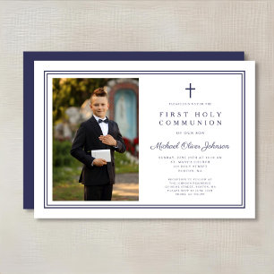 Invitation Élégante Croix Bleu Marine Garçon Photo Première C
