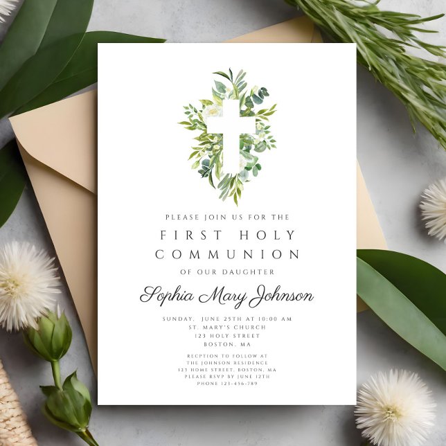 Invitation Elégante Croix Botanique Verte Première Communion (Elegant Green Botanical Cross First Communion Invitation)