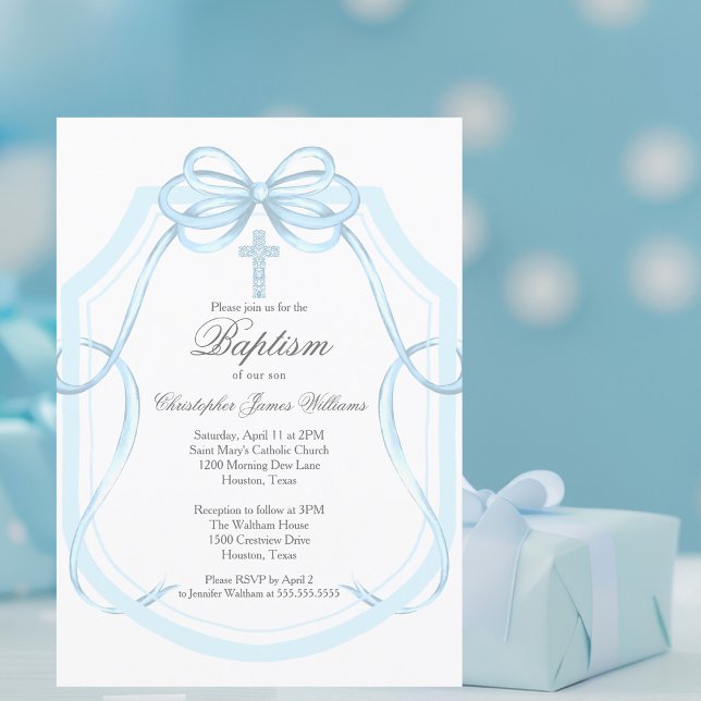Invitation Élégante croix de Baptême de Baptême de Bande Bleu (Créateur téléchargé)