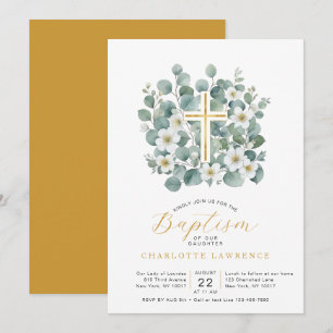 Invitation Elégante croix de Baptême verte Eucalyptus