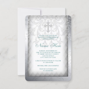 Invitation Élégante Croix de Damas blanc première communion