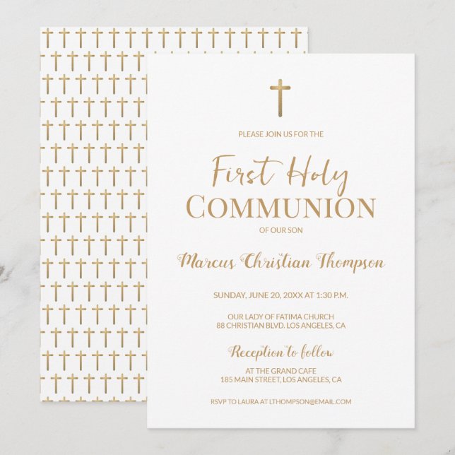 Invitation Elégante Croix d'or blanc Garçon Première communio (Devant / Derrière)
