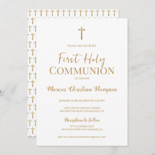 Invitation Elégante Croix d'or blanc Garçon Première communio