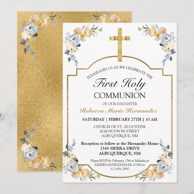 Invitation Elégante Croix d'or Floral Première Sainte Communi (Devant / Derrière)