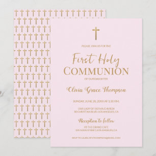 Invitation Elégante Croix d'or rose fille Première communion