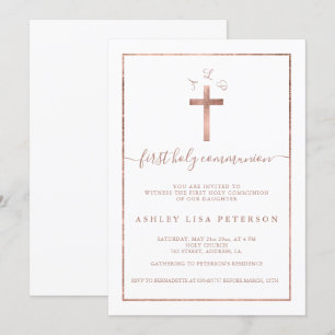 Invitation Élégante croix d'or rose monogramme première commu
