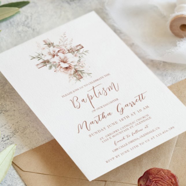 Invitation Élégante Croix Et Fleurs Roses Fille Baptême (Créateur téléchargé)