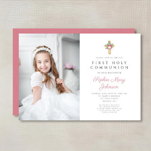 Invitation Elégante Croix Florale Fille Première Communion Ph