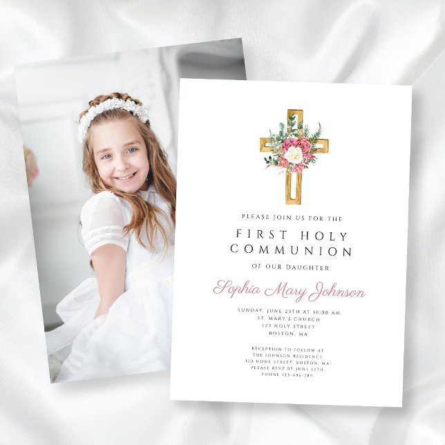 Invitation Elégante Croix Florale Fille Première Communion Ph (Elegant Floral Cross Girl First Communion Photo Invitation)