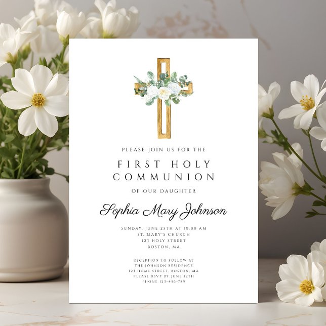 Invitation Elégante Croix Florale Fille Première Sainte Commu (Elegant Floral Peonies Girl First Communion Invitation)