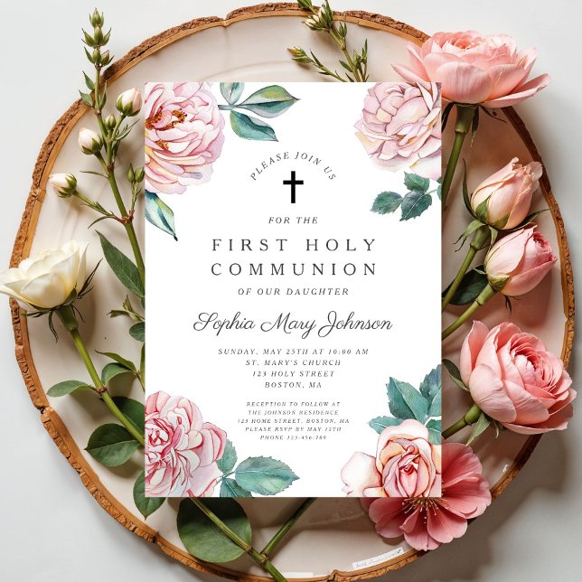 Invitation Elégante Croix Florale Première Communion Fille (Elegant Floral Cross Girl First Communion Invitation Digital Download)