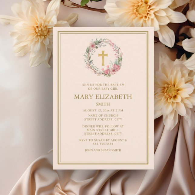 Invitation Elégante Croix Or rose Floral Baby Girl Baptism (Elegant floral wreath and cross baptism invitation)