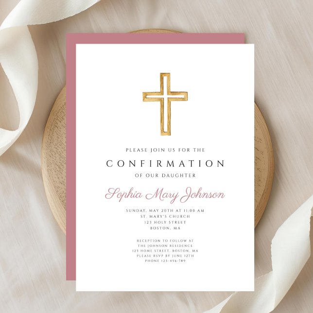 Invitation Élégante Croix religieuse rose Confirmation fille (Elegant Pink Religious Cross Girl Confirmation Invitation)